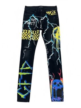 GFTD Black Men's Graphic Painted Jeans with Neon Accents